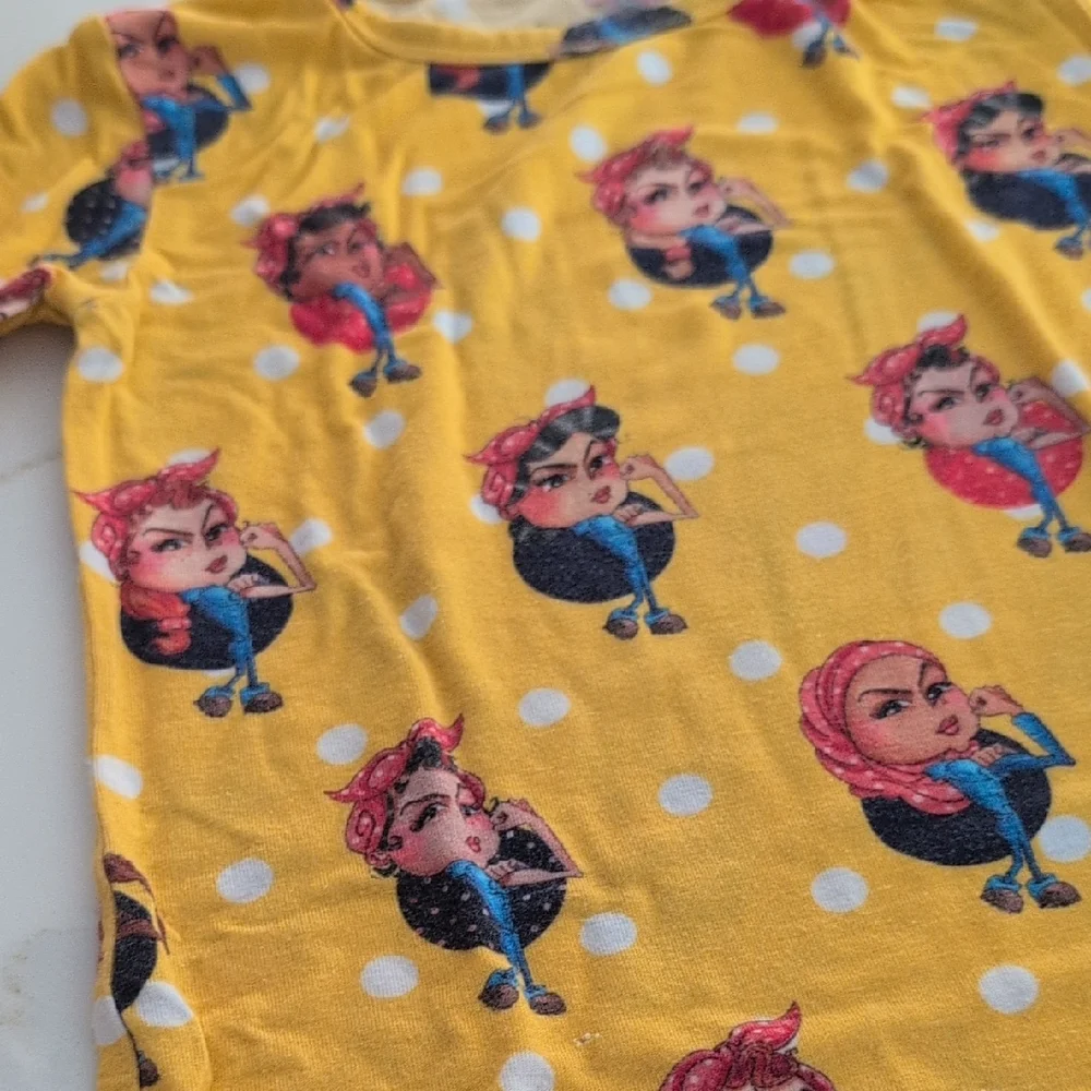 Posh Peanut Yellow Character Print Long Sleeve Pajama Set with White Polka Dots